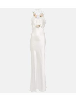 Jedwabna sukienka długa w kwiatki koronkowa Rodarte biała