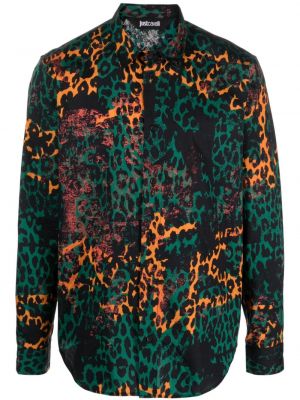 Памучна риза с принт с леопардов принт Just Cavalli зелено