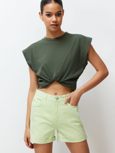 Kõrge vöökohaga teksariidest lühikesed püksid Trendyol roheline