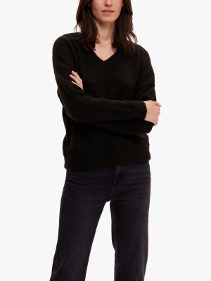 Шерстяной свитер из шерсти мериноса с v-образным вырезом Selected черный