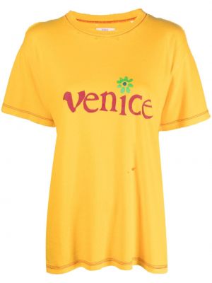 Тениска с протрити краища с принт Erl жълто