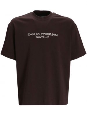 Bavlněné tričko s výšivkou Emporio Armani hnědé
