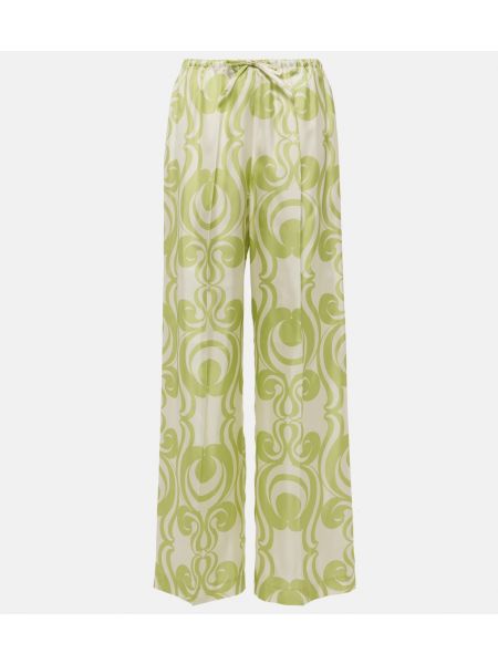 Шелковые широкие брюки с принтом Dries Van Noten зеленые