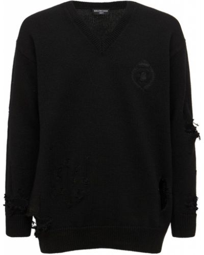 Sweter wełniany z dekoltem w serek Balenciaga, сzarny