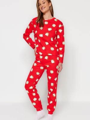 Pletena pamučna pidžama s printom Trendyol crvena