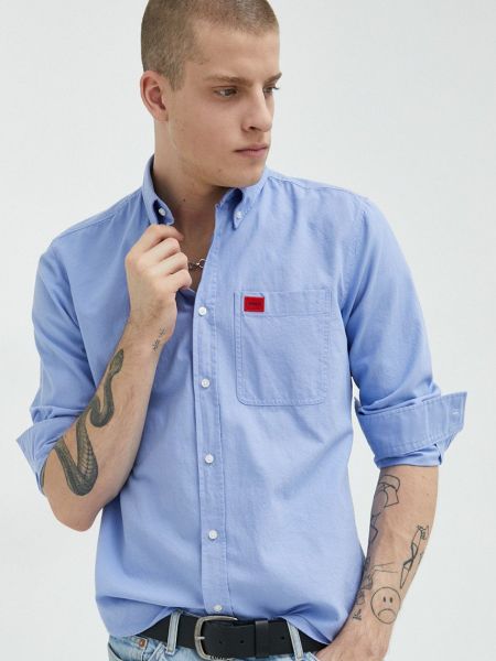Bavlněné slim fit tričko s knoflíky Hugo modré