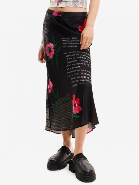 Satenska maksi suknja s cvjetnim printom Desigual crna