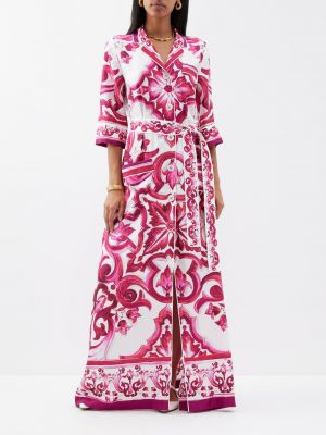 Платье-рубашка из шелкового твила с принтом майолика Dolce & Gabbana розовый