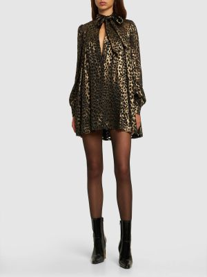 Satenska mini obleka s potiskom z leopardjim vzorcem Saint Laurent črna