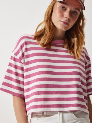 Плетена тениска на райета Happiness İstanbul розово