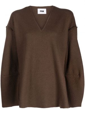 Sweter wełniany z wełny merino z dekoltem w serek Rus brązowy
