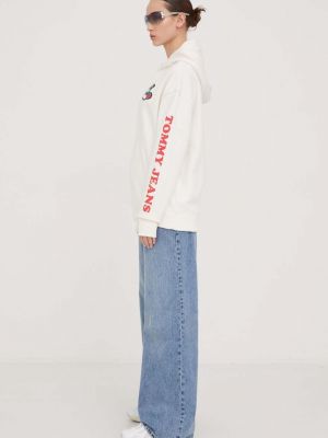 Bluza z kapturem bawełniana z nadrukiem Tommy Jeans beżowa