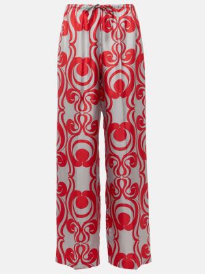 Svilene hlače s printom bootcut Dries Van Noten crvena