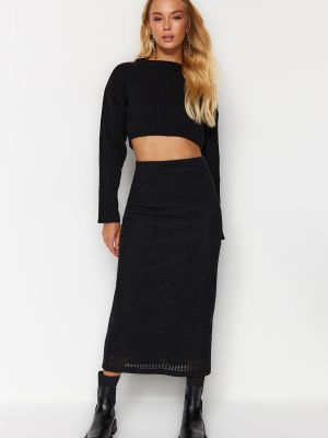 Pletené midi sukně s vysokým pasem se síťovinou Trendyol černé