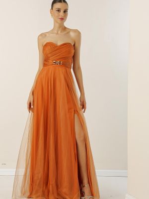 Sukienka długa tiulowa drapowana By Saygı pomarańczowa