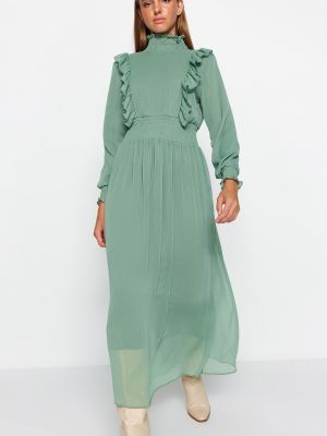 Pletené šifonové šaty s vysokým límcem Trendyol zelené