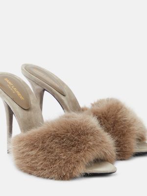 Papuci tip mules cu blană din piele de căprioară cu imprimeu animal print Saint Laurent gri