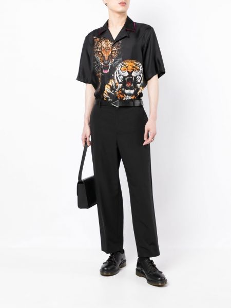 Jedwabna koszula z nadrukiem w tygrysie prążki Roberto Cavalli czarna