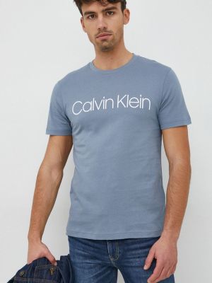 Памучна тениска с дълъг ръкав с принт Calvin Klein синьо