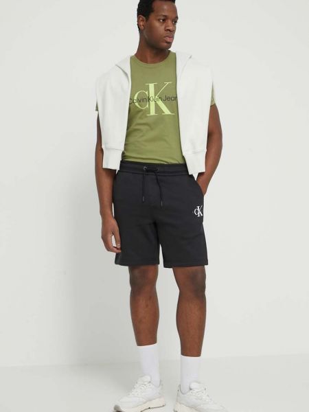 Bluza z kapturem bawełniana z nadrukiem Calvin Klein Jeans zielona