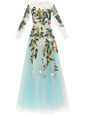 Hedvábné večerní šaty s výšivkou na zip Oscar De La Renta - modrá