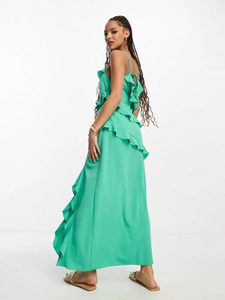 Атласное платье миди с рюшами New Look зеленое