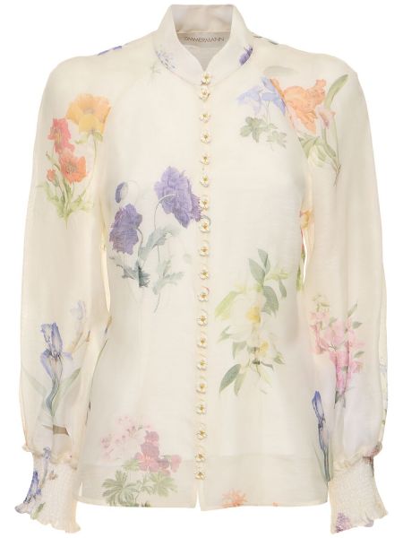 Копринена ленена блуза на цветя Zimmermann бяло