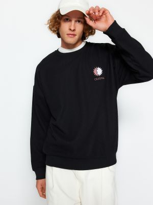 Oversize džemperis bez kapuces ar izšuvumiem ar garām piedurknēm Trendyol melns