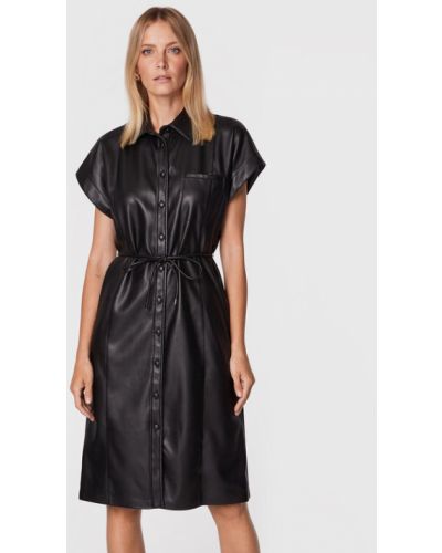 Priliehavé košeľové šaty z ekologickej kože Sisley čierna