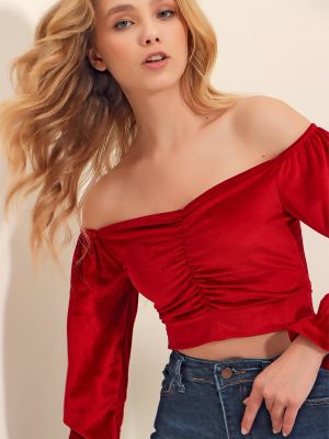 Кадифена блуза Trend Alaçatı Stili червено