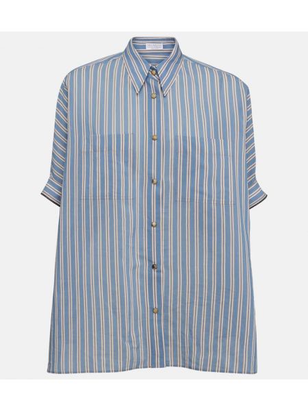 Camisa de seda de algodón a rayas Brunello Cucinelli azul