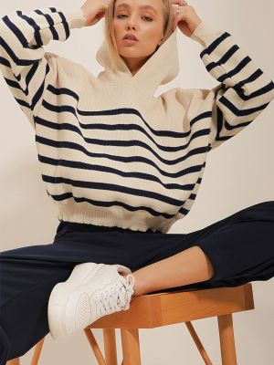 Pruhovaný sveter s kapucňou Trend Alaçatı Stili modrá