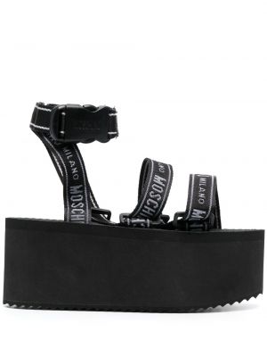 Sandále na platforme na kline s potlačou Moschino čierna