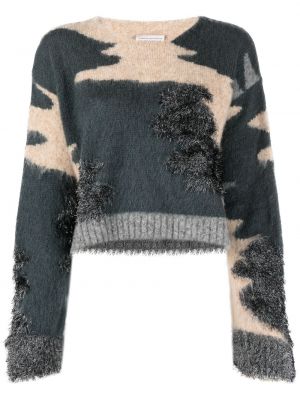 Камуфлажен плетен пуловер с принт Semicouture сиво