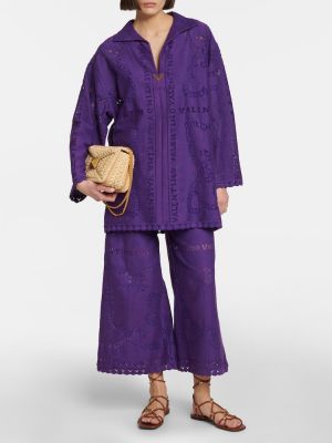 Relaxed fit medvilninės siuvinėtos kelnės Valentino violetinė