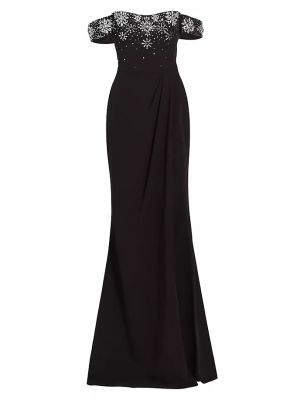 Платье из эластичного крепа с открытыми плечами, расшитое бисером Marchesa Notte черный