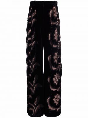 Pantalones con bordado de cintura alta de flores Alberta Ferretti negro