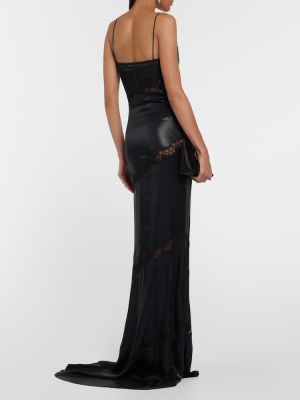 Krajkové kožené dlouhé šaty s výšivkou Alessandra Rich černé