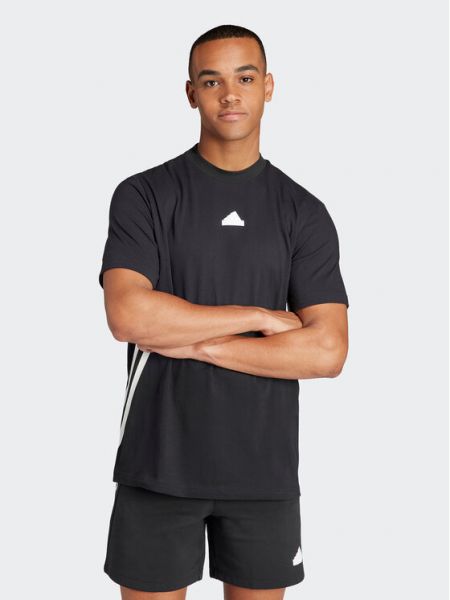 Tricou din bumbac cu dungi cu croială lejeră Adidas negru