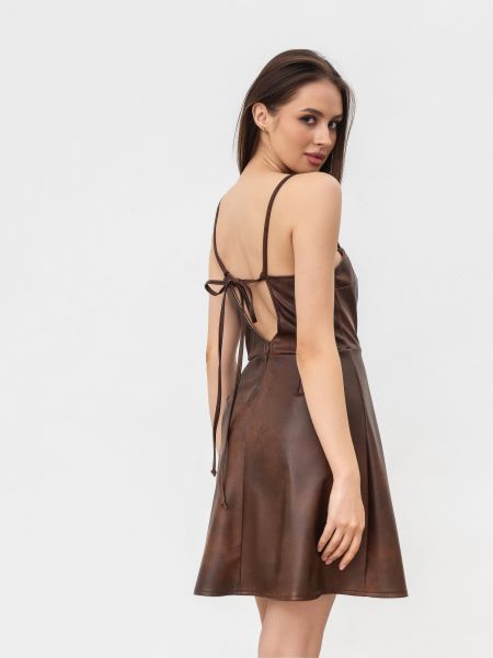 Кожаное платье мини из искусственной кожи ромашка коричневое