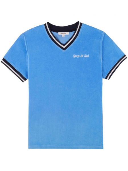 Haftowana koszulka z dekoltem w serek Sporty And Rich niebieska