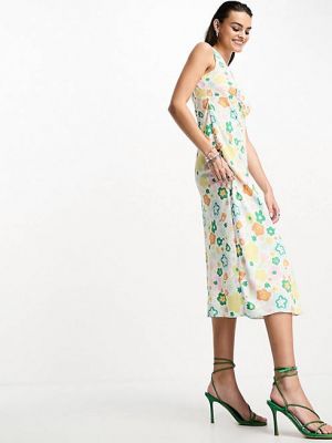 Гламурное платье-миди с весенним цветочным принтом в стиле ретро