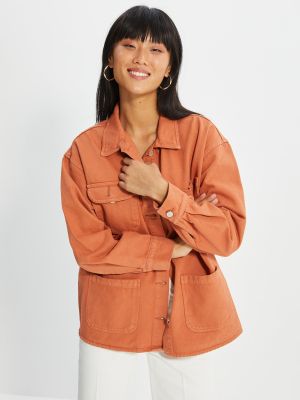 Koszula jeansowa zapinane na guziki bawełniane z kieszeniami Trendyol - pomarańczowy