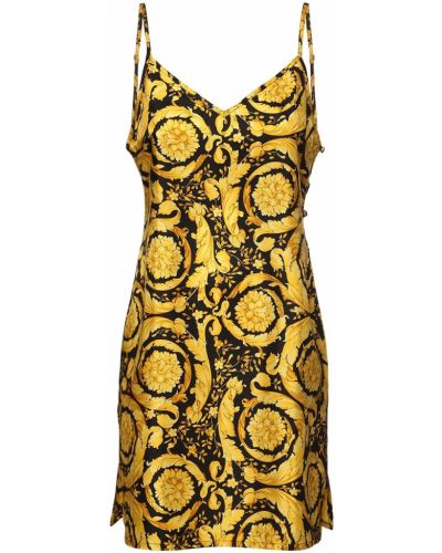 Hedvábné saténové mini šaty s potiskem Versace zlaté