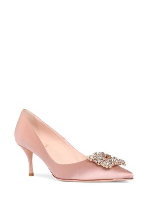 Pantofi cu toc din satin cu model floral de cristal Roger Vivier roz