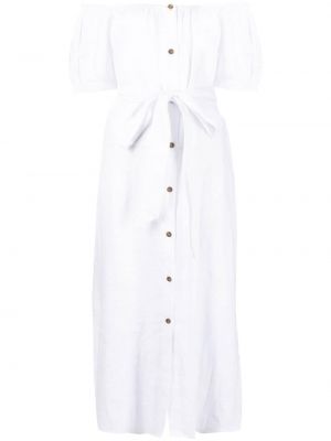 Lněné midi šaty s krátkými rukávy Eberjey - bílá