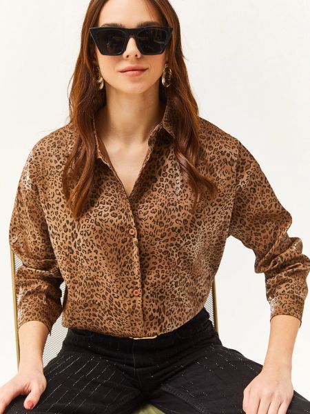 Saténová košeľa s potlačou so zvieracím vzorom Olalook hnedá
