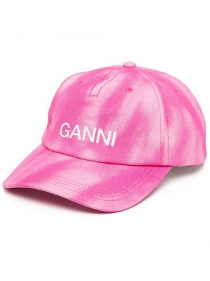 Памучна шапка с козирки с принт Ganni розово