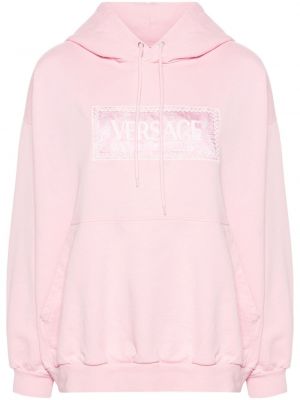 Pamučna hoodie s kapuljačom s vezom Versace ružičasta