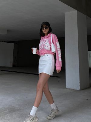 Mikina s kapucí s potiskem s kapsami Trend Alaçatı Stili růžová